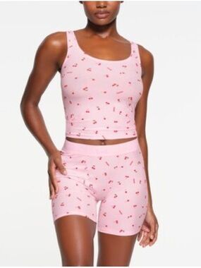 Skims soft lounge tank top and boxer in cherry print